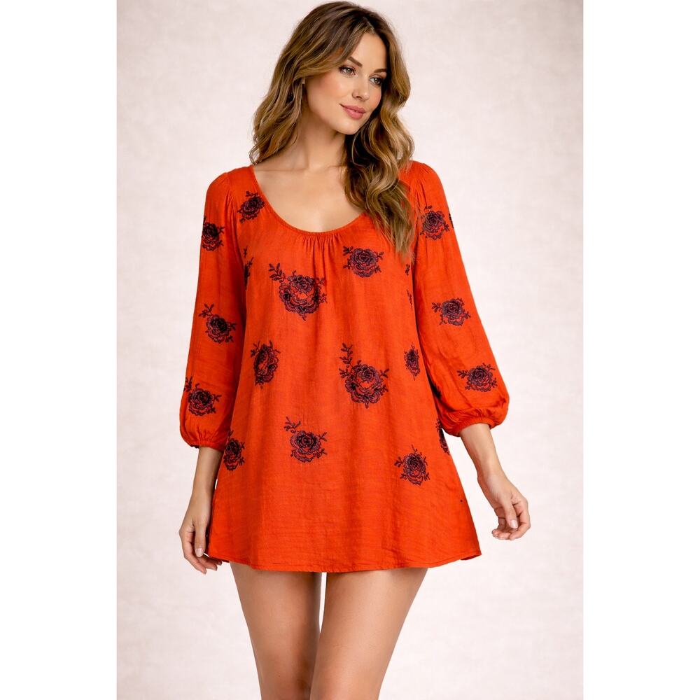 Free People Orange Boho Embroidered Peasant Top Short Dress Festival XS